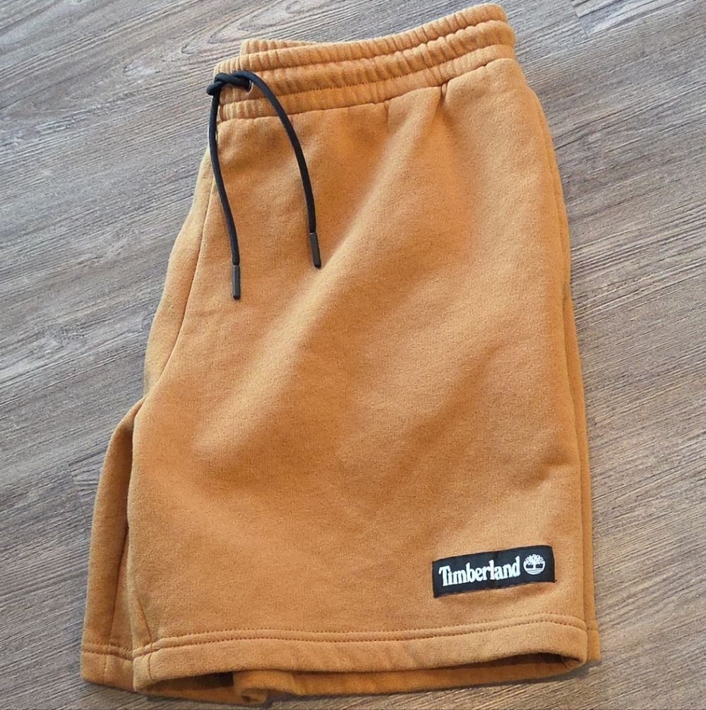Timberland Men's Brown Shorts Meduim Timberland Stack Logo Fleece Sweat Pockets